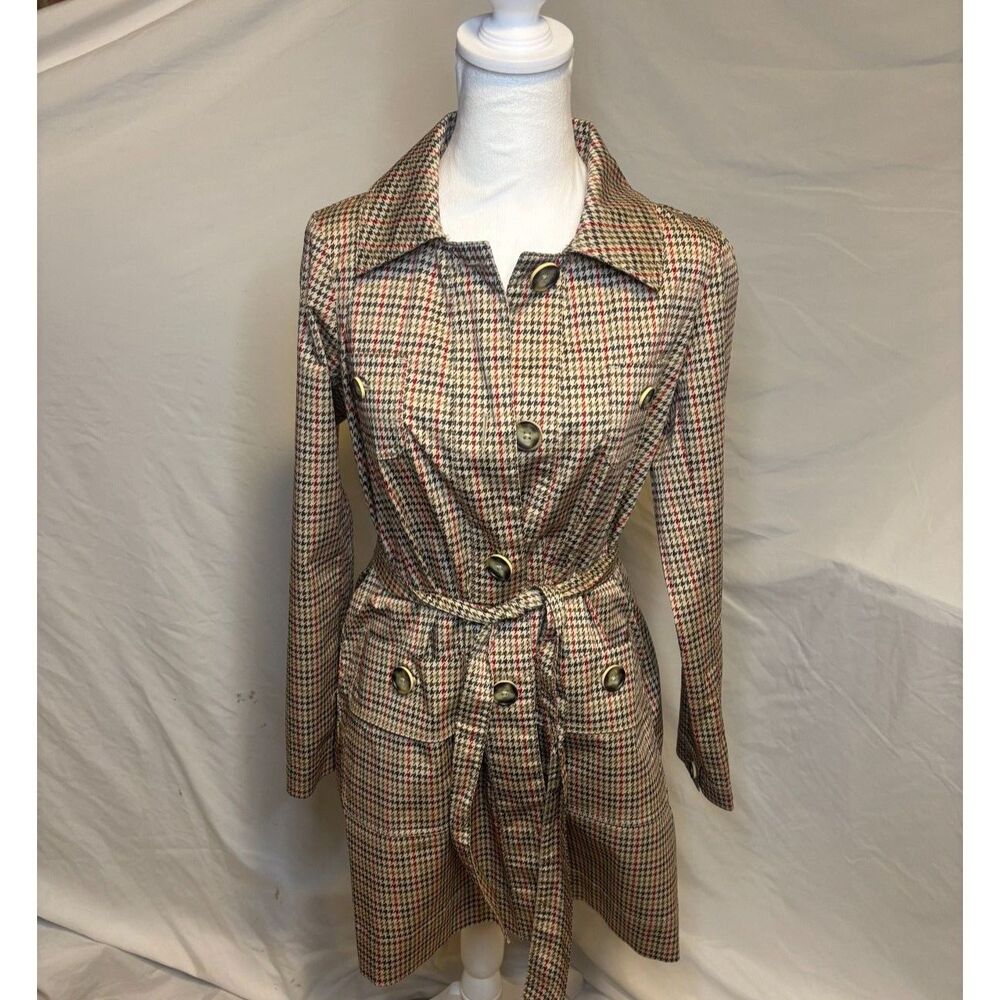 Cabi Sherlock Multicolor Houndstooth Plaid Trench Pea Coat Womens Designer